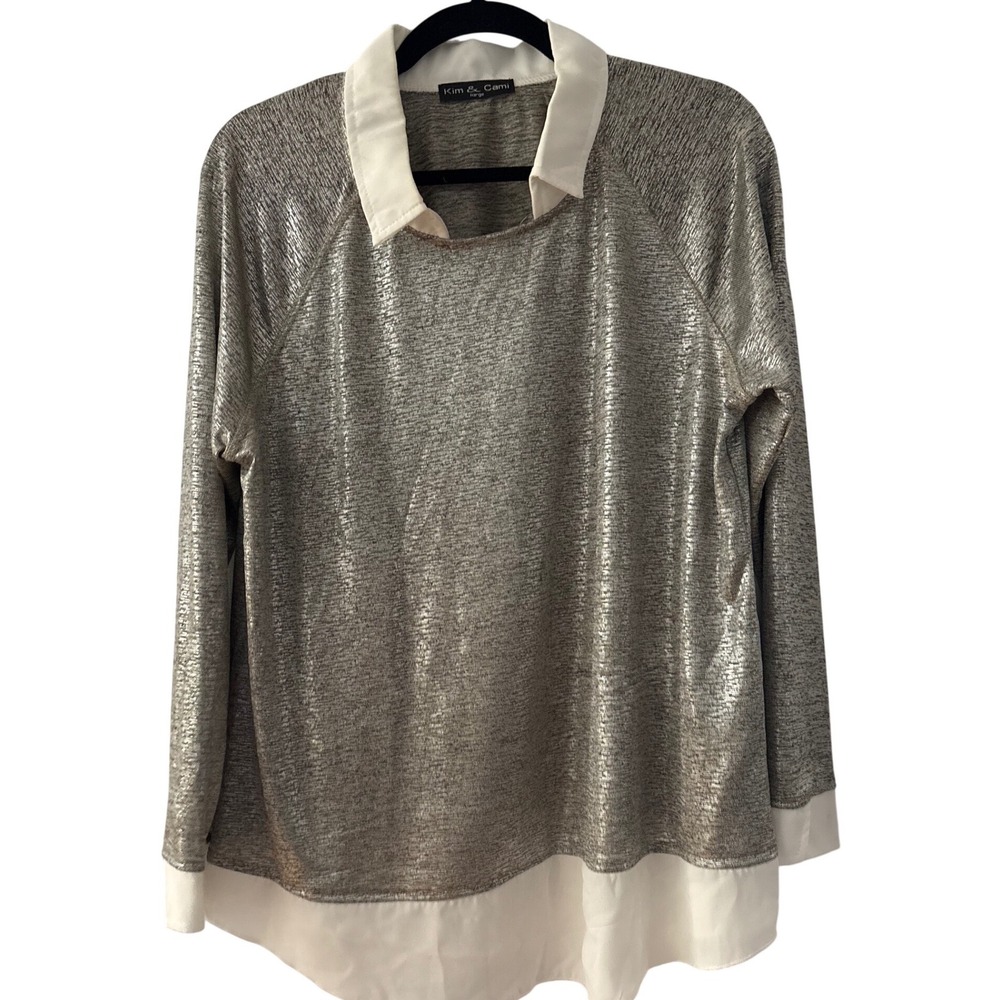 Kim & Cami‎ Womens Large Silver Metallic Layered Look Collared Knit Top Shimmer